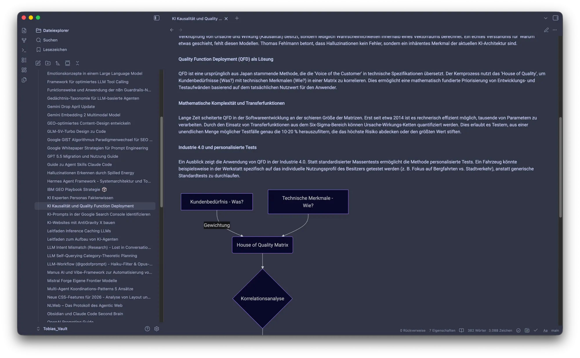 Obsidian Ansicht mit QFD-Flussdiagramm zu Kundenbedürfnissen, Technischen Merkmalen und House of Quality Matrix für Wissen