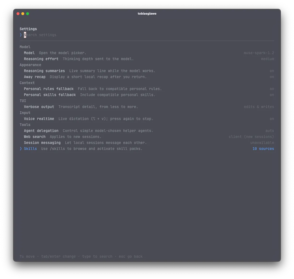 Dunkles Terminal-Menü mit Einstellungen für KI-Modelle, Agenten-Delegation, Websuche und integrierte Tools.