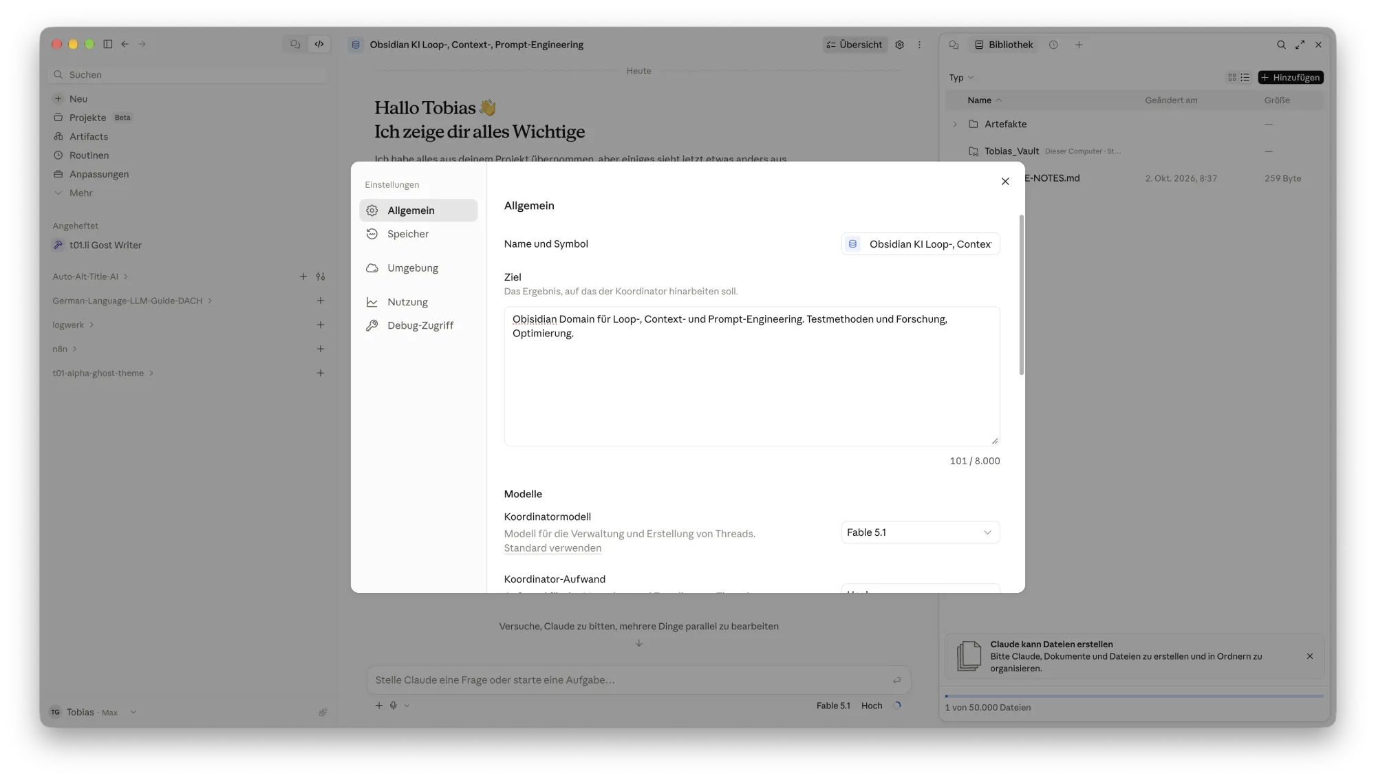 Einstellungsmenü eines Claude-Projekts mit Feldern für Projektziel und Konfiguration des Koordinatormodells.