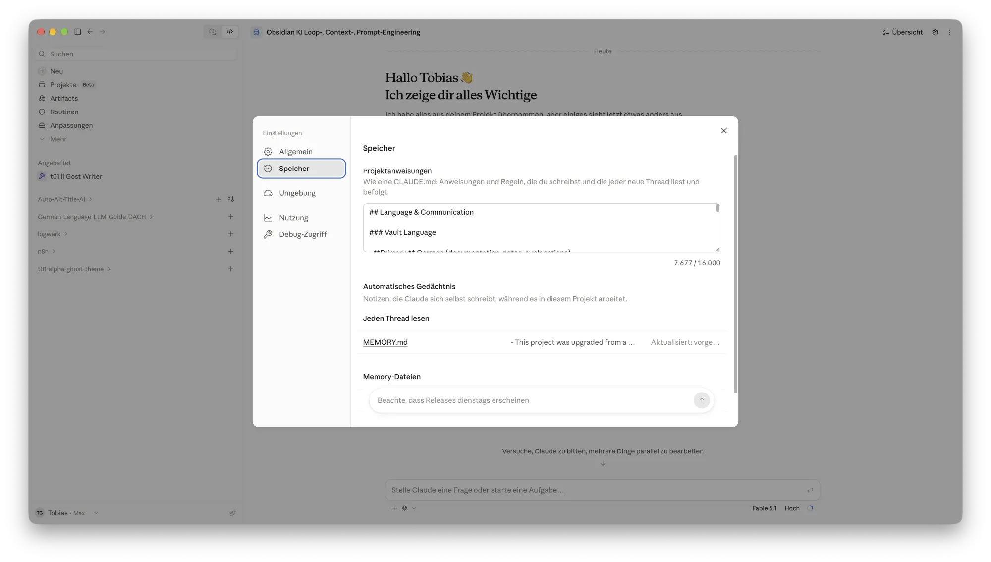 Konfiguration in der Claude App für die Projektanweisungen. 
