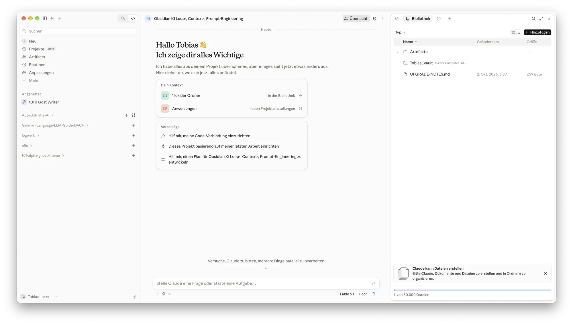 Benutzeroberfläche eines Claude-Projekts mit konfigurierbarem Kontext, Anweisungen und Datei-Bibliothek.