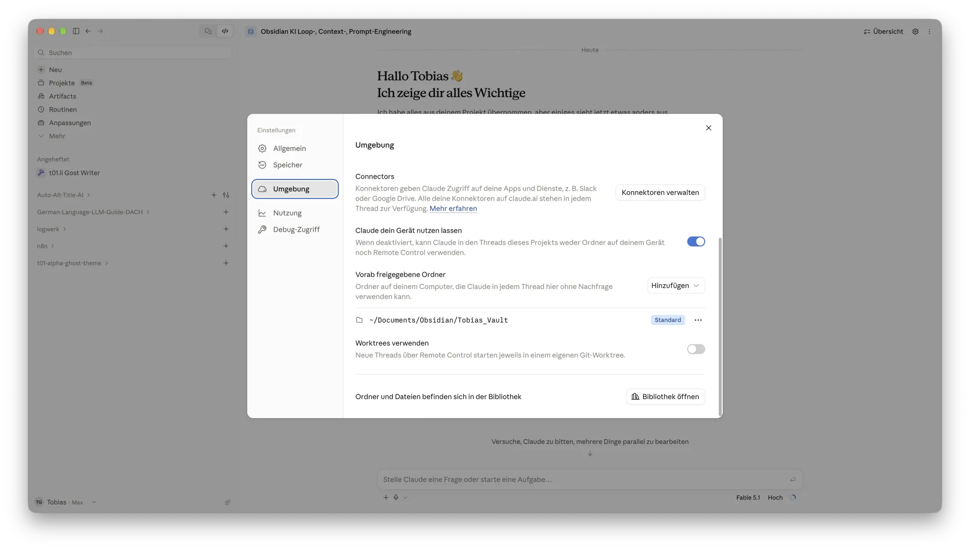 Konfigurationsfenster in der Claude App von Projekten im Umgebungs-Tab.