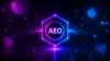 Neonfarbenes Hexagon mit AEO-Schriftzug, umgeben von lila und blauen digitalen Datenströmen. Visualisiert agentisches
