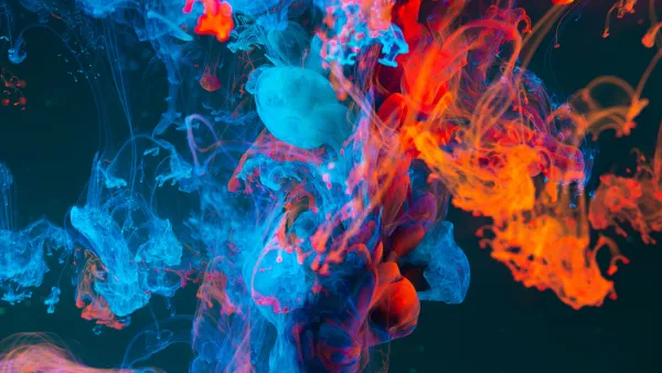 Dynamische blaue und orange Farbwirbel visualisieren komplexe AI-Prozesse und Datenflüsse.