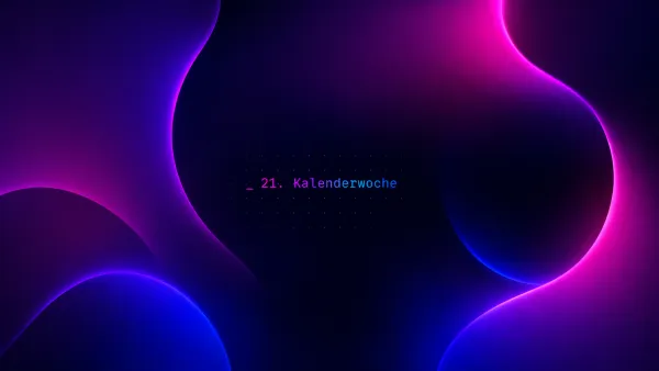 Abstrakte, leuchtende blau-pinke Wellenformen mit 21. Kalenderwoche Text symbolisieren KI-Trends.
