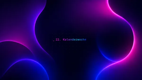 Abstrakter AI-Hintergrund mit leuchtenden Neon-Formen in Lila, Pink, Blau und Text '22. Kalenderwoche'. Visualisiert