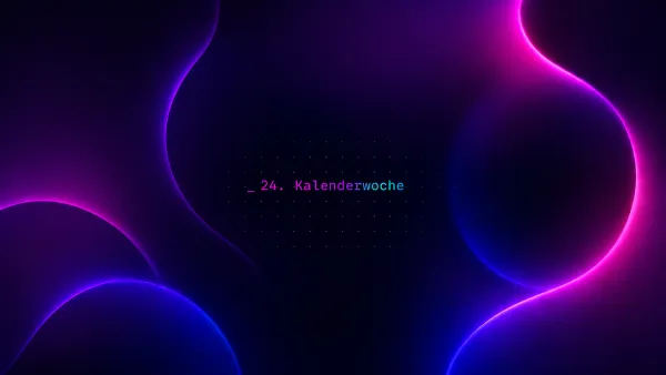 Leuchtende lila und blaue Neonformen vor dunklem Grund, mit Text "_ 24. Kalenderwoche" zu KI-Picks.