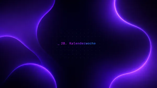 Abstrakte lila Neonwellen und Schriftzug "28. Kalenderwoche" symbolisieren KI-Trends der Woche.