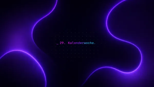 Dunkler, technologischer Hintergrund mit leuchtenden violetten Wellen und dem Schriftzug "29. Kalenderwoche" für AI Picks.