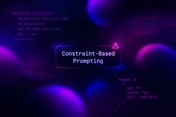 Digitale Oberfläche mit Constraint-Based Prompting im Fokus, umgeben von System-Constraints und JSON-Code, Warndreieck.