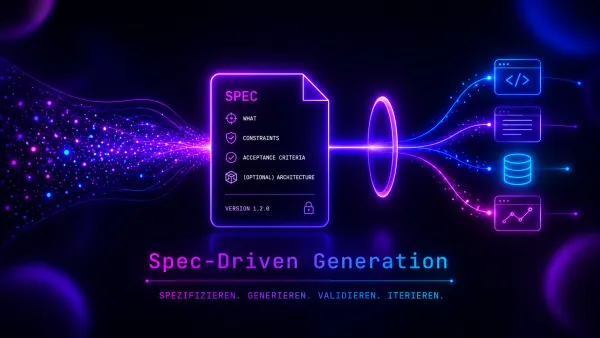 Spec-Driven Generation visualisiert: Eine Leucht-Spezifikation steuert die Erzeugung von Code, UI, DB und Analysen dynamisch.