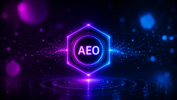 Neonfarbenes Hexagon mit AEO-Schriftzug, umgeben von lila und blauen digitalen Datenströmen. Visualisiert agentisches