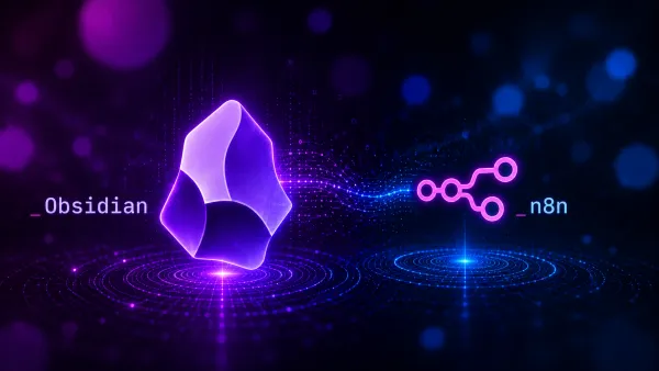 Leuchtender Obsidian-Felsen und n8n-Logo verbunden durch Datenfluss visualisieren Obsidian-Inbox-Automatisierung mit n8n