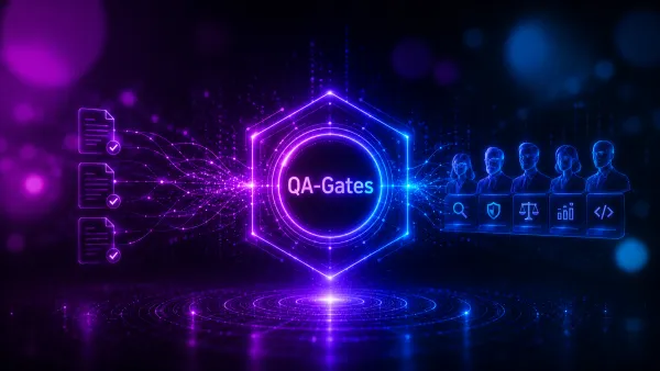 Leuchtende QA-Gates überprüfen Dokumente und sichern LLM-Output durch digitale Experten und Prüfschritte, eine Pipeline