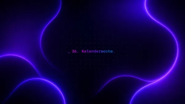 Dunkellila Tech-Design mit leuchtenden Wellen und dem Schriftzug 36. Kalenderwoche für die wöchentlichen AI Picks.
