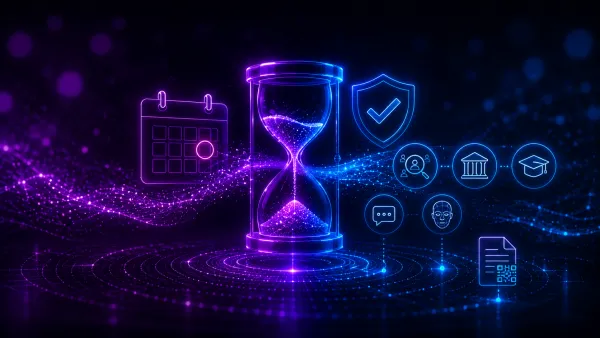 Leuchtende Sanduhr, Kalender als digitaler Countdown zur KI-Verordnung; Icons für AI, Compliance und Geschäftsprozesse.