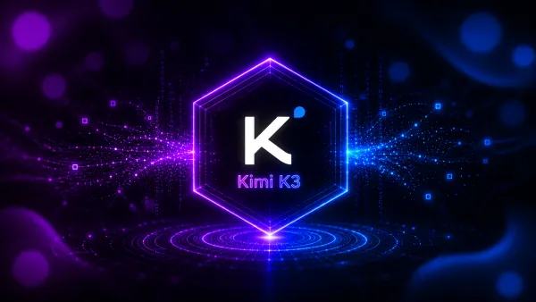 Das Kimi K3 Logo strahlt aus einem Hexagon, umgeben von dynamischen digitalen Datenströmen in Lila und Blau, für