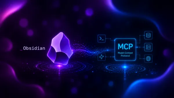Leuchtende Darstellung von Obsidian-Logo und MCP (Model Context Protocol) mit Datenfluss-Linien. Zeigt die