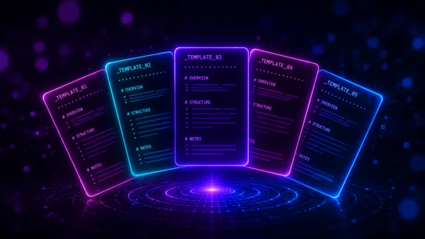 Fünf neonfarbene Prompt-Vorlagen auf digitalen Karten als strukturierte Bausteine für Teams zum Kopieren.