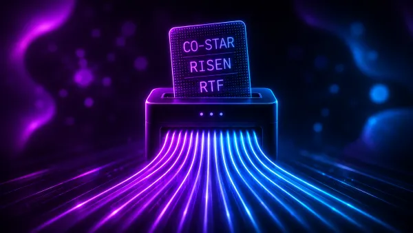Ein futuristischer Schredder vernichtet eine Karte mit den überholten Prompt-Frameworks CO-STAR, RISEN und RTF.