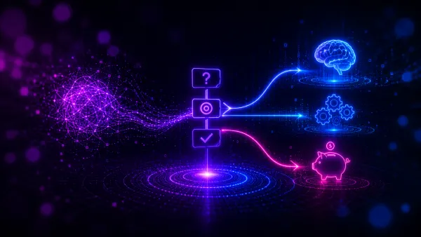 KI-Workflow: Datenverarbeitung führt über Prozess zu Reasoning (Gehirn), Effizienz (Zahnräder) und Kostenersparnis