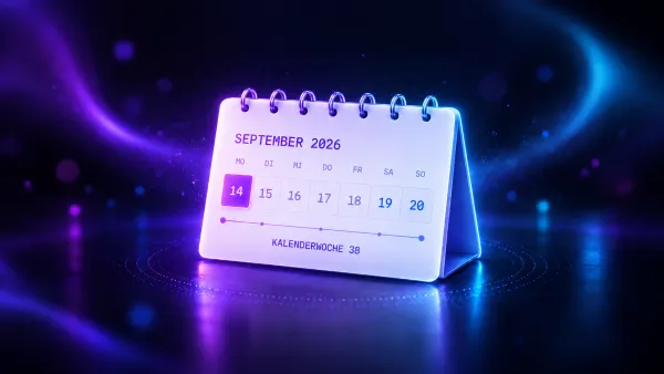 Futuristisch leuchtender Tischkalender für Kalenderwoche 38 im September 2026 zu den AI Picks.