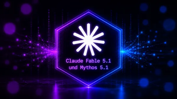 Logo von Claude Fable und Mythos 5.1 auf einem dunklen Hintergrud mit unscharfen, neonfarbenen Elmenten.