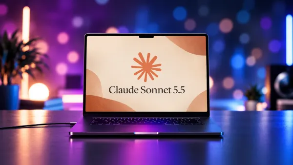 Laptop zeigt Anthropic-Logo und Claude Sonnet 5.5 auf dem Display vor stimmungsvollem Bokeh-Hintergrund.