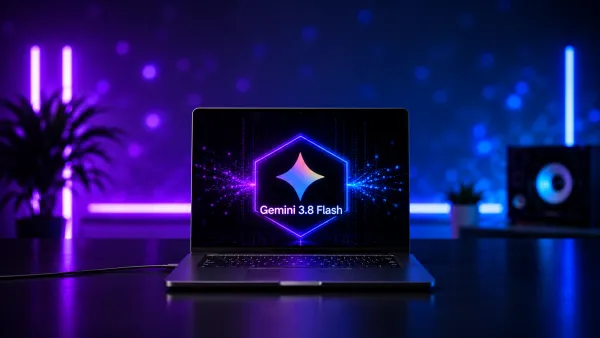 Geöffneter Laptop zeigt das Logo von Gemini 3.8 Flash auf dem Bildschirm in einem blau-lila beleuchteten Raum.