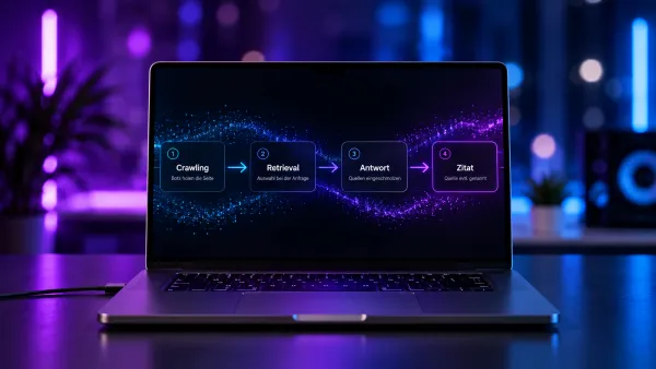 Laptop Screen Bildschirm zeugt die Schritte von LLMs für Zitate von Crawling., über Retrieval und der Antwort bis hin zum Zitat.