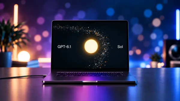 Laptop auf Schreibtisch zeigt das OpenAI-Modell GPT-6.1 Sol mit leuchtender Sonne auf dem Display.