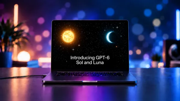 Laptop zeigt Ankündigung von GPT-6 Sol und Luna mit leuchtender Sonne und Mondsichel vor Sternenhimmel