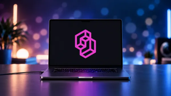 Laptop zeigt das pinke Jev-Logo von TypeSafe auf dem Bildschirm im modernen Neon-Setup