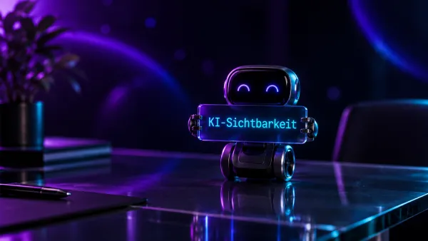 Kleiner Roboter präsentiert auf einem Schreibtisch ein leuchtendes Schild mit dem Schriftzug KI-Sichtbarkeit