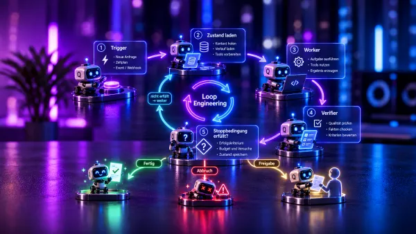Infografik zum Loop Engineering: KI-Agenten durchlaufen die Schritte Trigger, Worker, Verifier und Stoppbedingung.