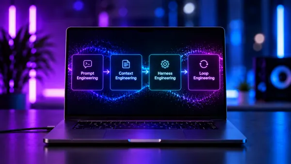 Laptop mit visualisierter Entwicklung von Prompt Engineering über Context Engineering und Harness Engineering bis Loop Engineering, verbunden durch einen leuchtenden Prozessfluss.