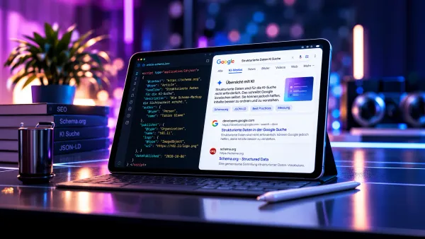 Tablet zeigt JSON-LD-Schema-Code neben Google-KI-Übersicht zu strukturierten Daten für die KI-Suche.